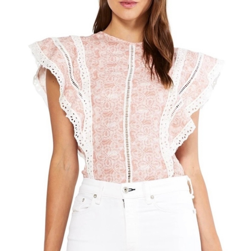 Misa Los Angeles Nilu Blouse in Washed Tile Pink Crochet Smocked Casual Flutter